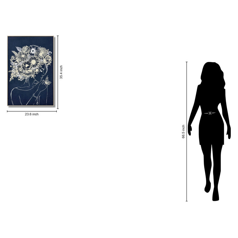 «Midnight Muse: Floral Silhouette», art mural sur toile - 24 po x 35 po - Cadre doré champagne