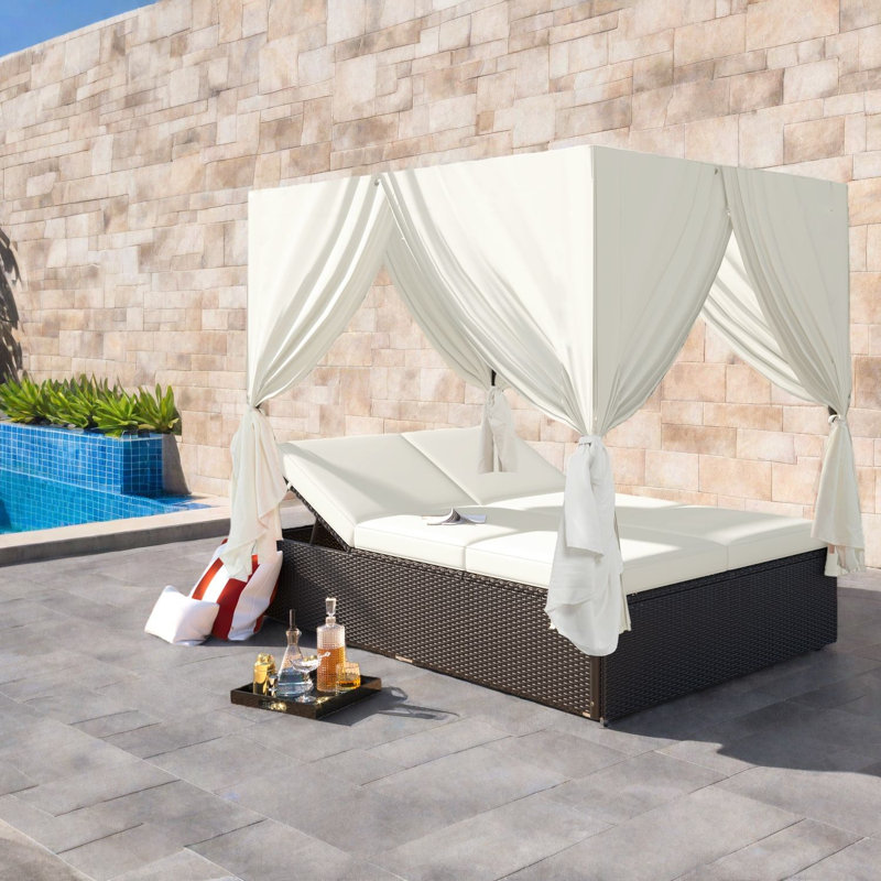 Spacious Patio Chaise Lounges, Steel Rattan Daybed With Curtains, Poolside