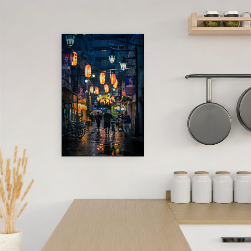 «Rainy Japanese Lantern Street», art dramatique traditionnel de ville vibrante, H 18 po x l 12 po