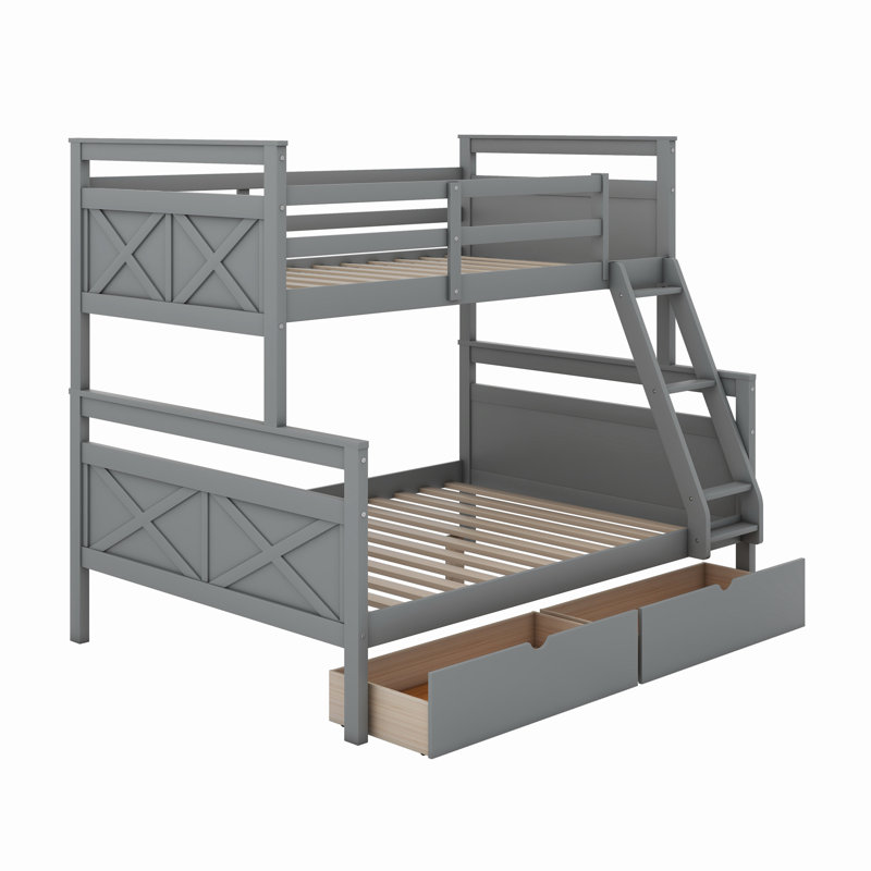 Lit superposé simple au-dessus d'un lit double en bois avec échelle, deux tiroirs de rangement, barrière de sécurité