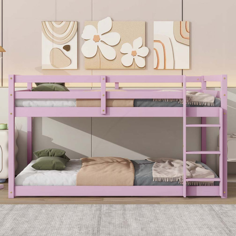 Solid Wooden Bunk Bed With Ladder, Crafted With Strengthened Slats, Pink