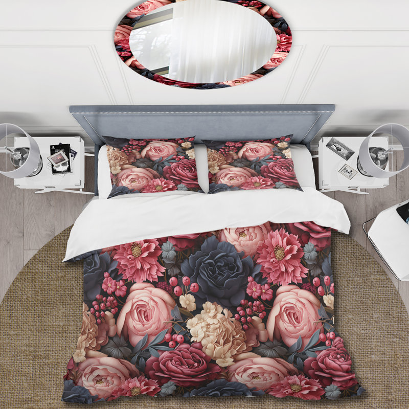 Victorian Rose Lavish Floral Motif - Ensemble de housse de couette floral, Housse de couette pour grand lit et 2 taies décor