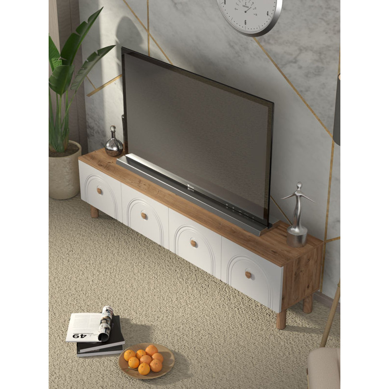Meuble télé moderne avec motif géométrique, pin atlantique et blanc, 70,9 po x 18,5 po x 13,8 po | Panneau de particules 100% mélaminé, épaisseur: 0,7 pouce | Support mural, plusieurs tablettes, élégant et fonctionnel pour le salon