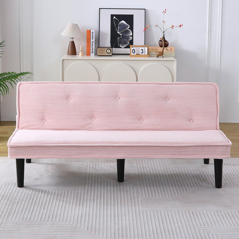 Lit en velours côtelé rose, 66 pouces, 2 places, velours côtelé doux et résistant, cadre en bois massif, dossier orné de boutons.