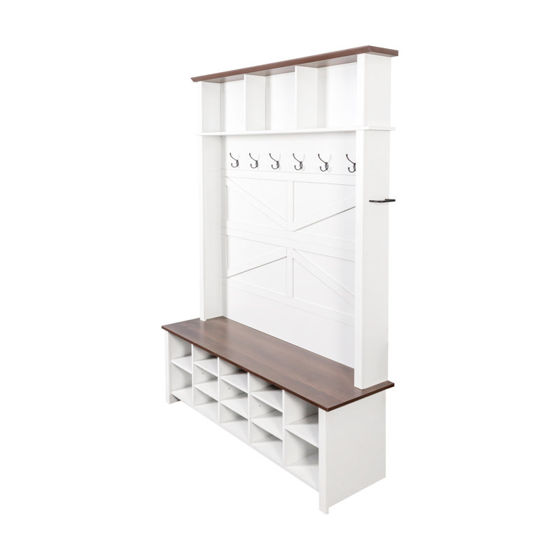Hall Tree with 6 Hooks, Practical Walnut Entryway Bench with Adjustable Shelves, White