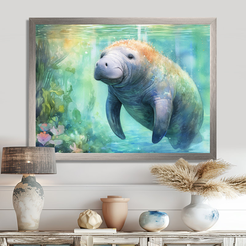 Gentle Manatee II - Art mural de lamantin pour le salon, H 34 po x l 44 po x P 1,5 po, Cadre simple argenté