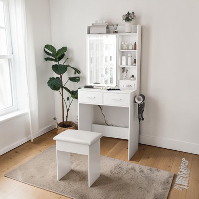 Small Makeup Vanity Desk with LED Mirror, Adjustable Lighting, Power Outlet, Hidden Storage & Padded Stool, Compact Dressing Table for Bedroom