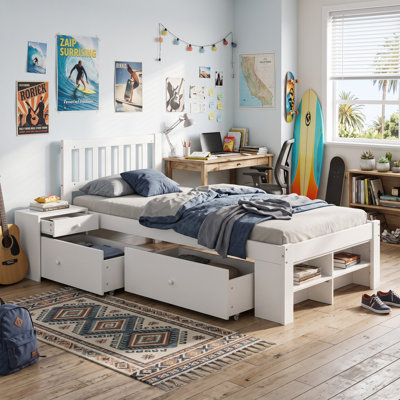 White Wooden Single Storage Bed Frame, 3ft, 1 Bedside Table, Reversible Under Bed Drawers, Sturdy Bed Slats