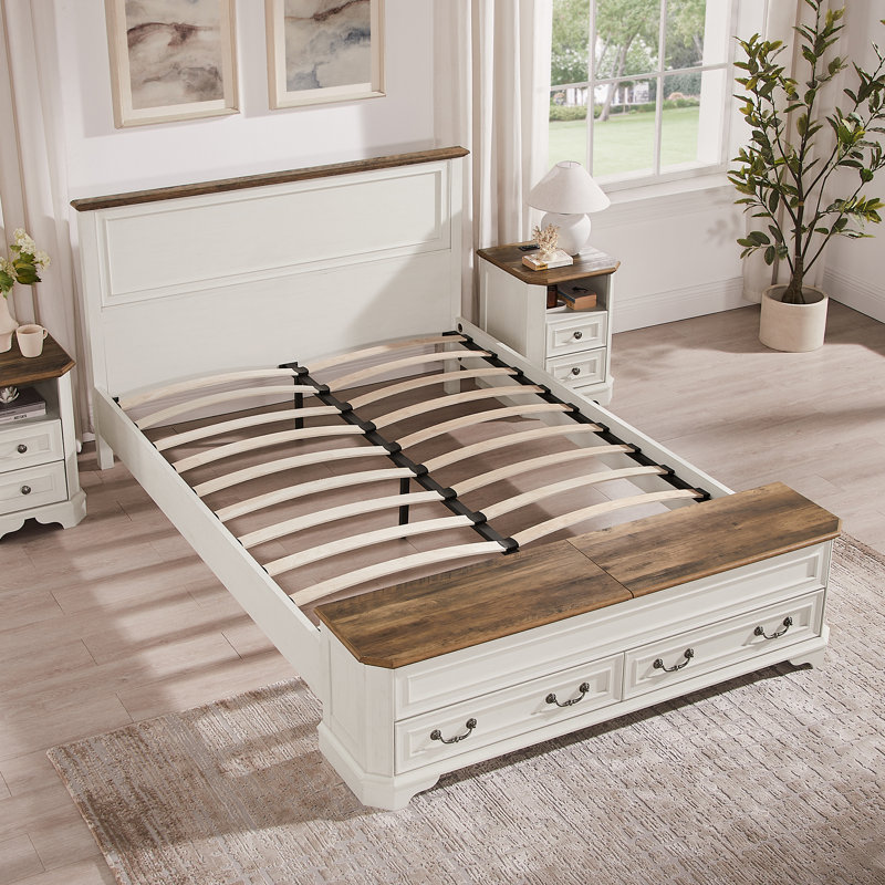 Farmhouse Queen Bed With 64" Tall Storage Headboard With 4 Drawers And Storage Bench，Rustic Wood Platform Bed Frame, White