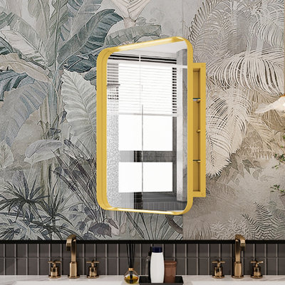 16X24 Inch Matte Gold Recessed Metal Cabinet With Mirror And Adjustable Shelves For Bathroom, To Elements, , Fog, Corrosion, -Proof, Bathroom Framed In Gold, Long-Lasting, Bath