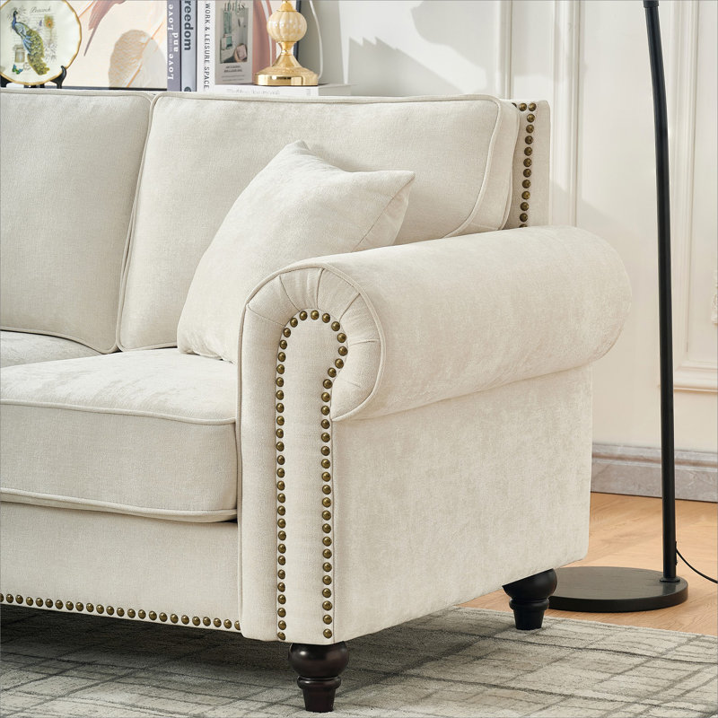 63" Modern 2-Seater Sofa with Rolled Arms,Chenille Upholstered Couch with Wood Legs and Nailhead Trim for Living Room, Apartment,Beige