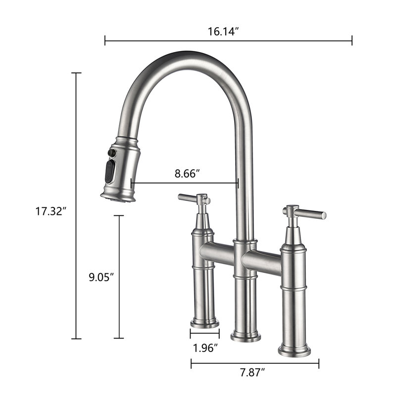 Bridge Kitchen Faucet In Brushed Nickel With Pull-Down Spray. Accurate Water Flow And Temperature Control Dual Handles. 360-Degree Rotatable High Nozzle For Increased Sink Area. Brass Faucet. Splash-