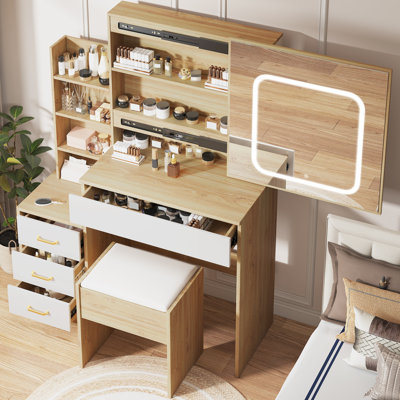 Makeup Vanity Set With Sliding Mirror And Built-In Light For Bedroom And Dressing Area