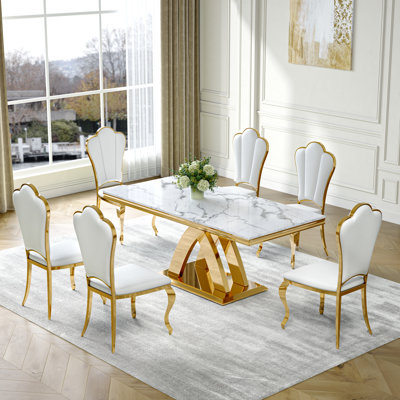 Ensemble de salle à manger rectangulaire en marbre de 7, plateau en faux marbre et base en acier inoxydable en forme de X avec 6 chaises en cuir luxueuses