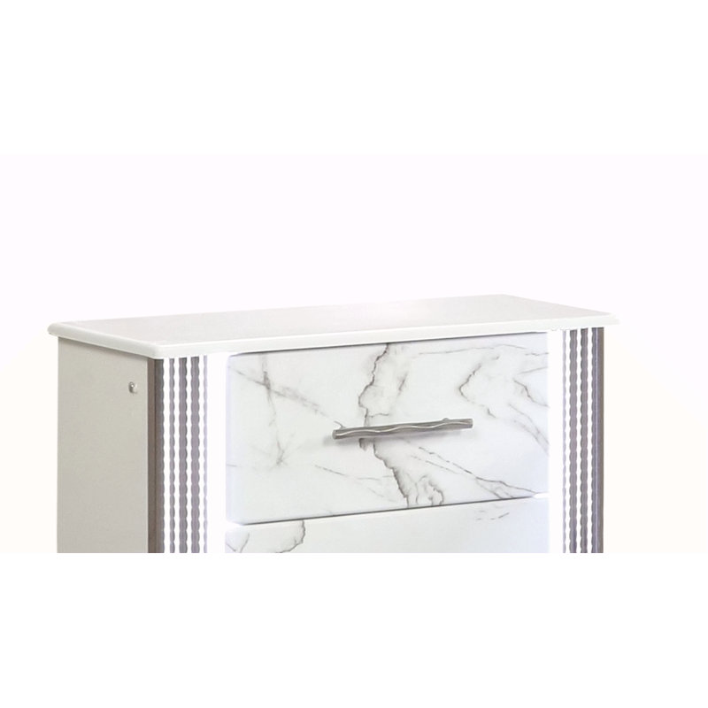 Table de chevet Desire - Façades de tiroirs d'inspiration marbre, éclairage latéral à DEL et garniture métallique pour un rangement de chevet glamour et pratique