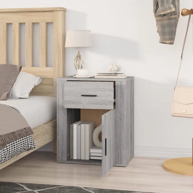 Karinn 50cm W Manufactured Wood Bedside Table, Grey Sonoma