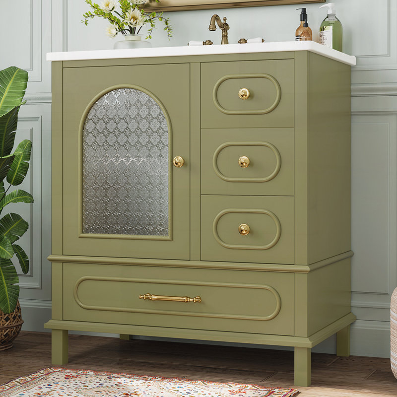 Meuble-lavabo 30 po avec lavabo, meuble-lavabo simple autoportant avec 3 tiroirs de rangement, Vert