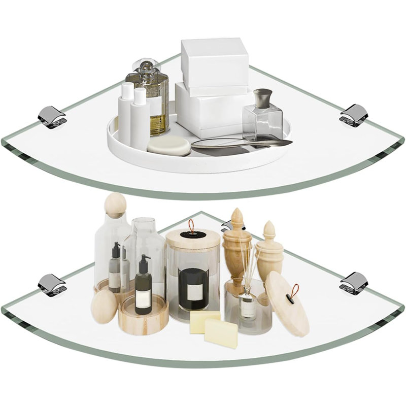 Paquet de 2 tablettes de douche en coin, organisateur mural en verre trempé de 5/16 po pour salle de bain, cuisine et salon, peut supporter jusqu'à 20 lb