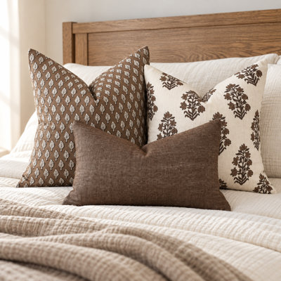 Ensemble de housses de coussin lombaire imprimées à la planche et tissées, marron et ivoire
