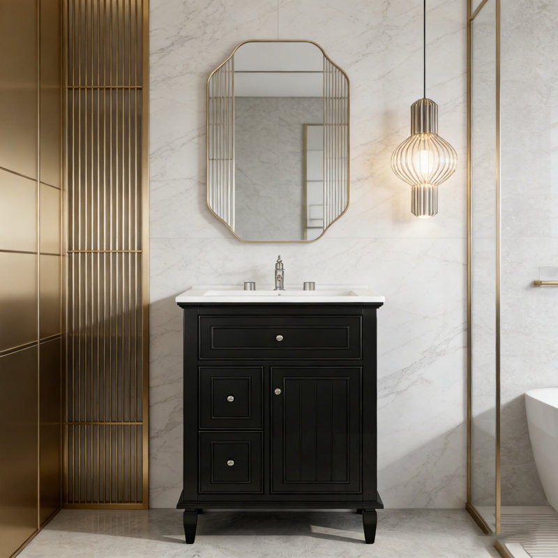 Meuble-lavabo de salle de bain avec lavabo, un tiroir rabattable et deux tiroirs, Noir