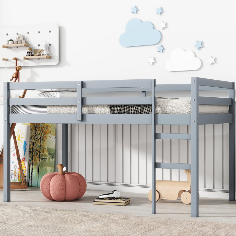 Twin Loft Bed With , Grey. Solid Rubber Wood Build. Strengthened Slat Platform For Support. Ample Under Storage. Low Height Safer Sleep In Grey, Made Of Wood. Easy Climb. Platform. Utilize Space
