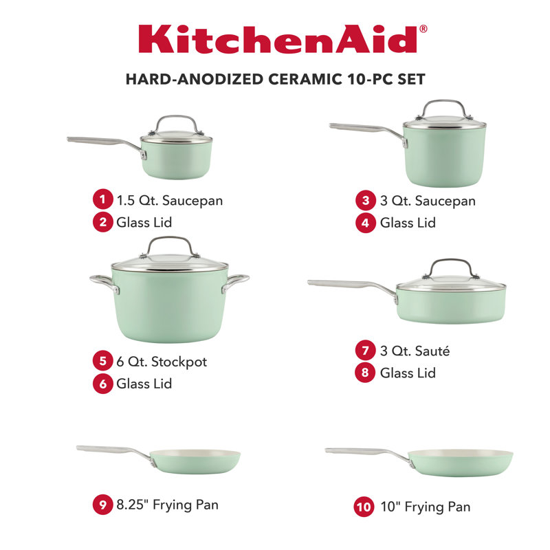 Ensemble 10 pièces KitchenAid à anodisation dure - pistache, Vert