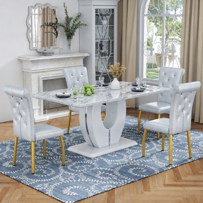 Modern 63" Faux Marble Dining Table Set With Spring-Supported PU Leather Chairs