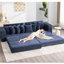 Vidéo disponible Canapé modulaire en velours côtelé de 108,68 po avec repose-pieds mobile amélioré, pochettes porte-revues et siège confortable bleu modulaire large, tabouret de pieds pouvant se transformer en lit