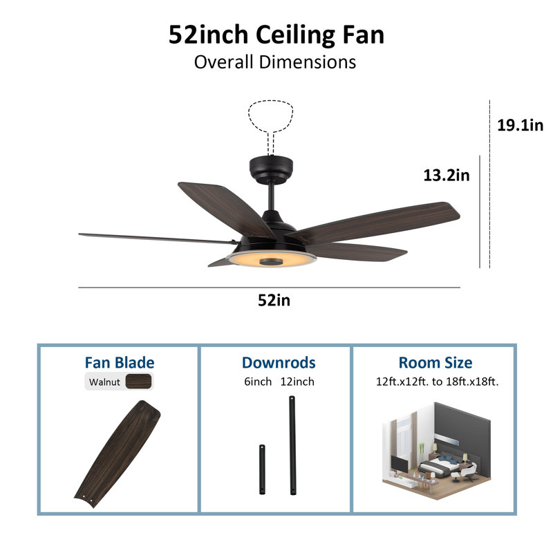 Alceo 52'' Ceiling Fan with LED Lights, Black/Dark Wooden