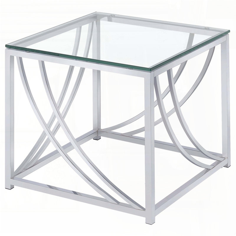 Table de bout carrée chromée en verre - Finition métallique réfléchissante, pieds en métal robustes