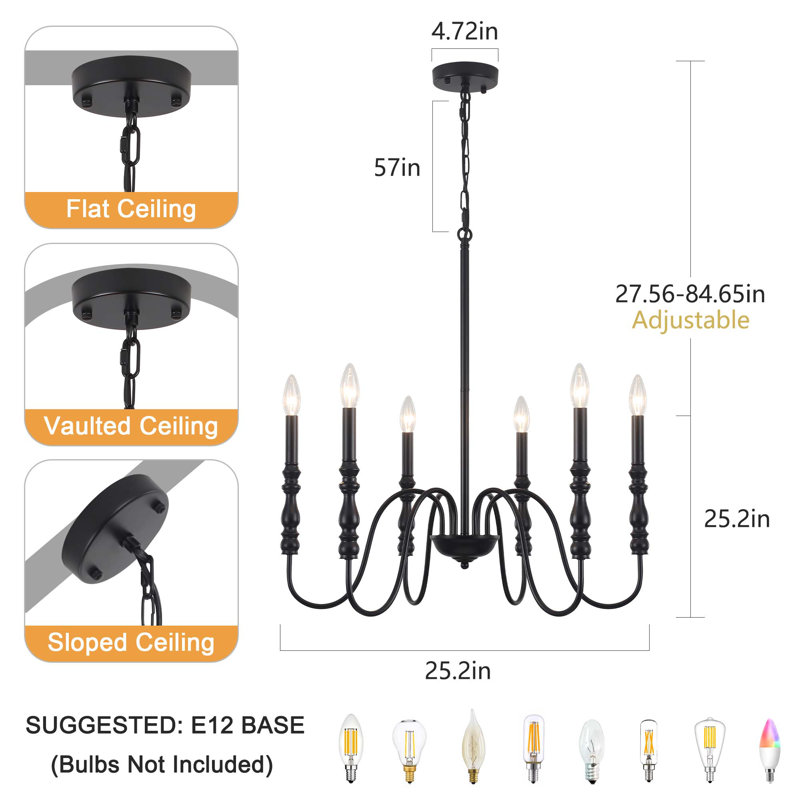 6 - Light Candle Style Classic / Traditional Chandelier, Matte Black