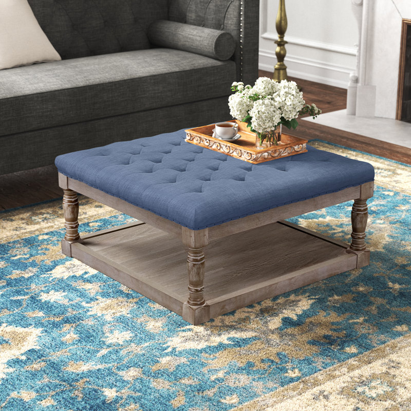Fontanet 34" Wide Tufted Square Cocktail Ottoman/Coffee Table, Beige/Blue
