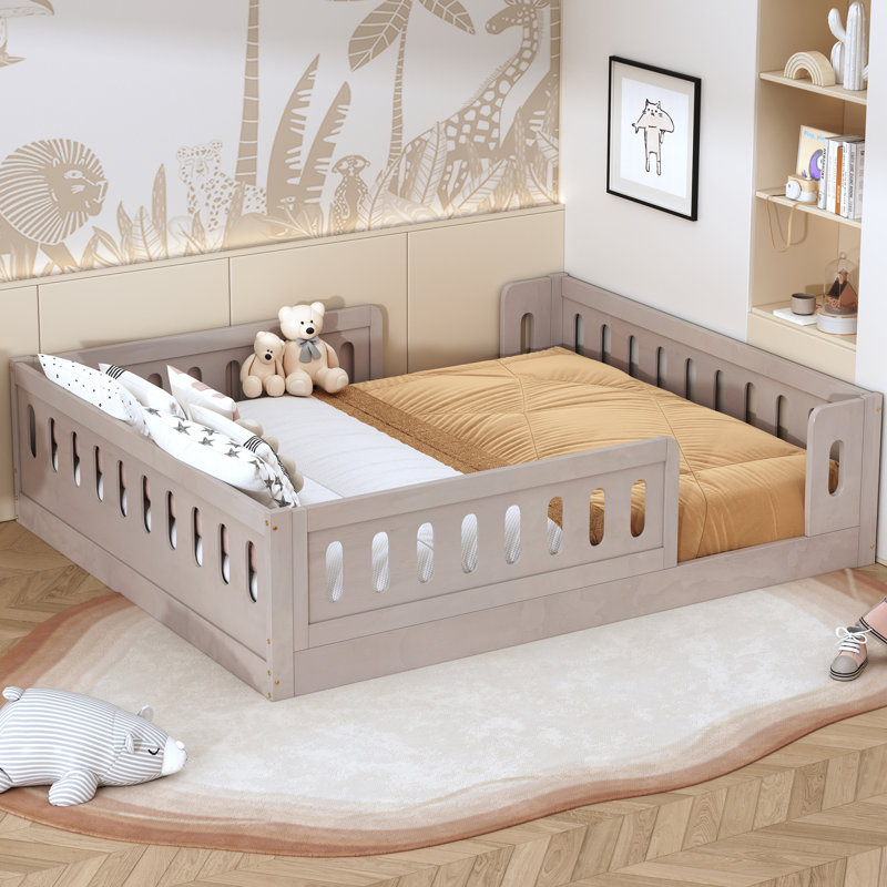 Wood Floor Bed with Semi-Enclosed Guardrails, Natural, Full