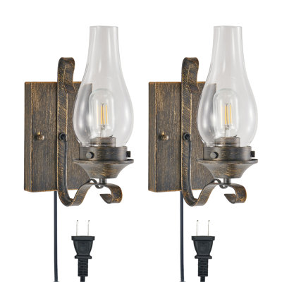 (Only Supports Plug-in) Rustic Farmhouse Wall Sconces Set of 2, Vintage Industrial Plug-in Wall Lights with Clear Glass Shade, Black and Gold Finish for Bedroom, Living Room, or Hallway (No Bulbs)
