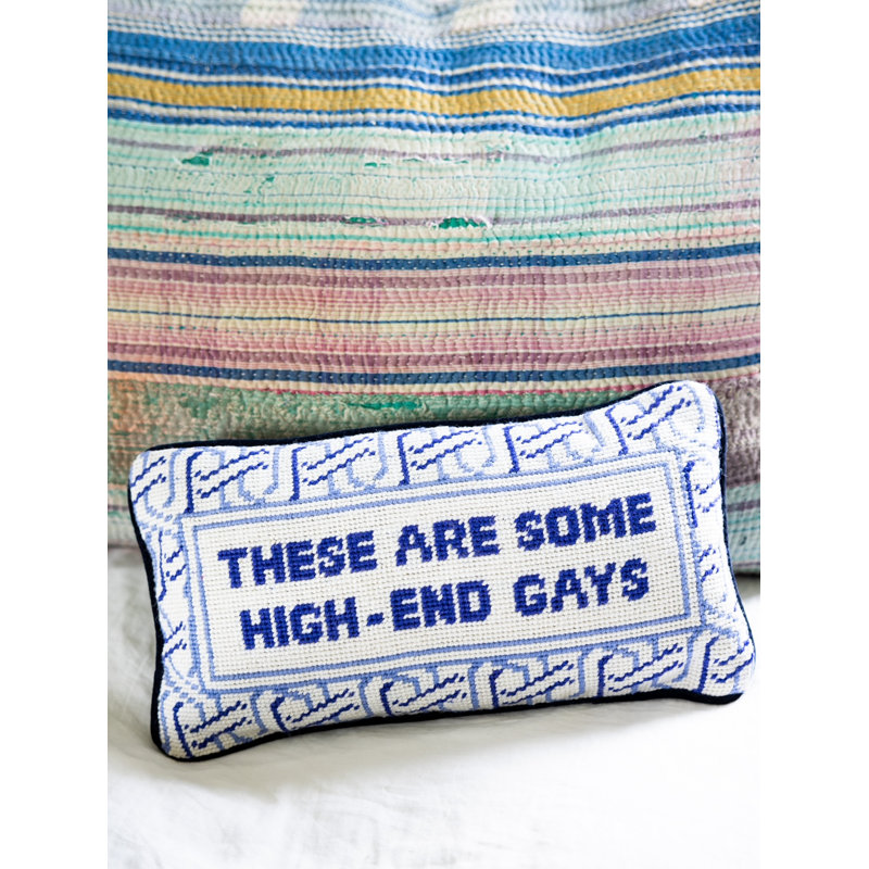 Blue and White Embroidered Wool and Cotton Throw Pillow