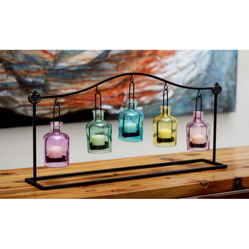 12'' H Tabletop Lantern, Pink/Yellow/Blue