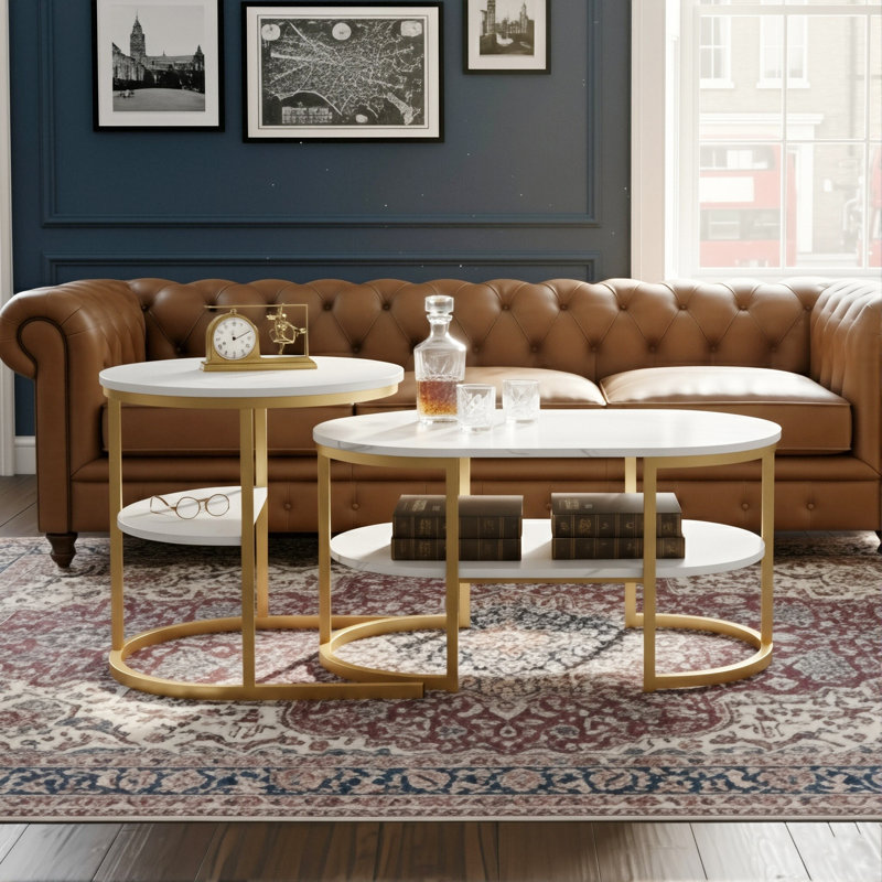80Cm Modular Coffee Table Set (Set Of 2), Interlocking Round Side Table & Oval Table With Shelf,, Gold