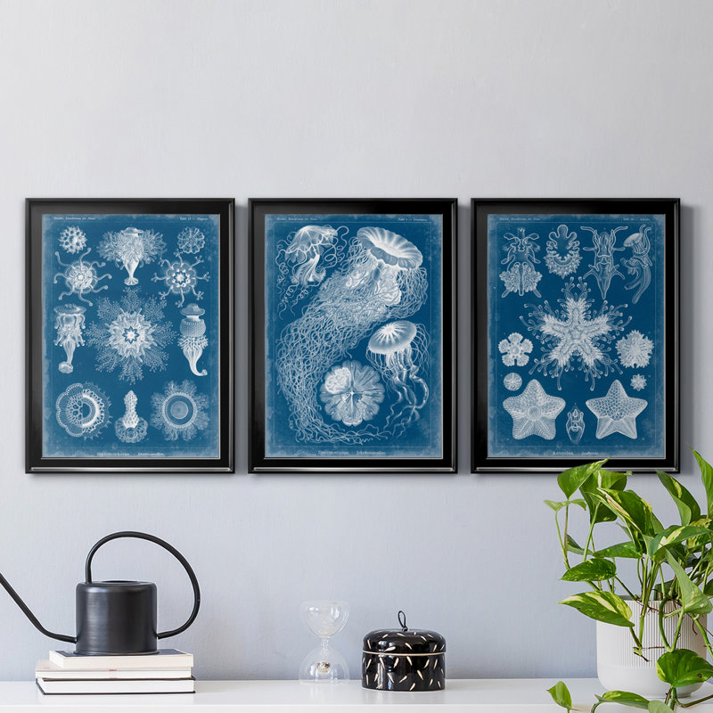 Marine Blueprint I - ensemble de 3 peintures sur toile encadrées, H 26,5 po x l 109,5 po x P 1,5 po, Cadre noir