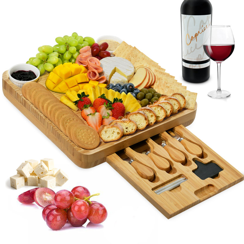 Bamboo Cheese Board Set with Hidden Knife Tray, Soapstone Chalk, and Serving Moat