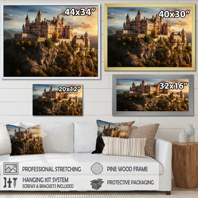 Châteaux ensoleillés, splendeur éclatante - impression, Cadre doré simple, H 16 po x l 32 po x P 1 po