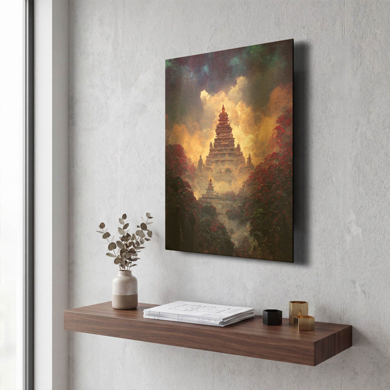 « Temple bouddhiste » par Cameron Gray, tableau mural en métal doré, 30,5 x 40,5 cm, 12 po x 16 po