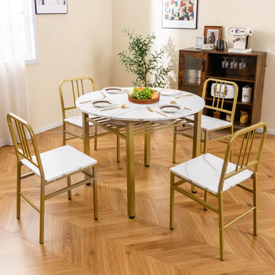 5-Piece Round Dining Table Set, Space-saving Dinette Table Set with Storage Shelf White + Gold