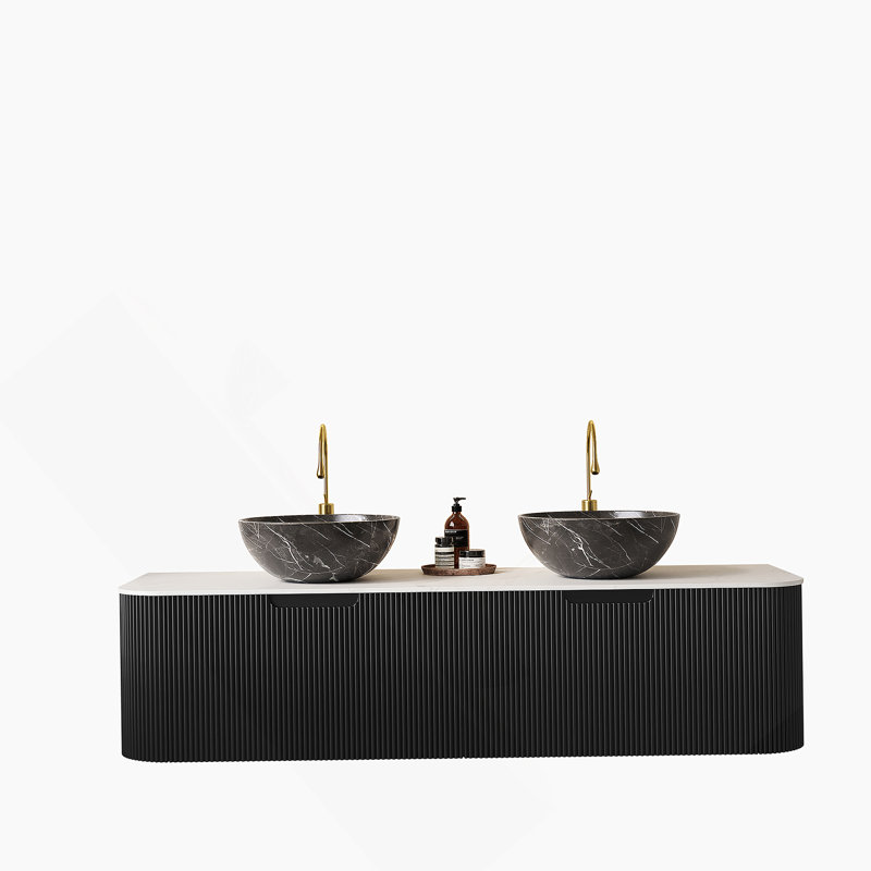 Meuble-lavabo de 60 po avec lavabos, meuble de rangement mural à bords arrondis et courbés avec 2 tiroirs et 2 lavabos en céramique à motif de pierre, couleur noire