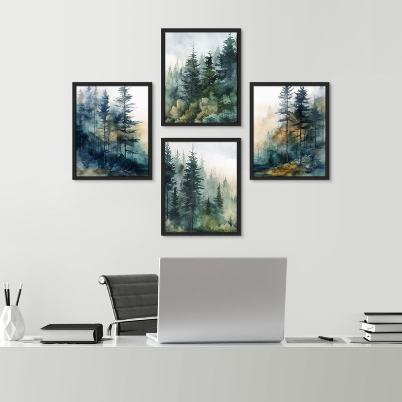 «Green and Teal Watercolor Forest Trees», ensemble de 4 reproductions de cadres photo simples, Blanc, H 16 po x l 12 po