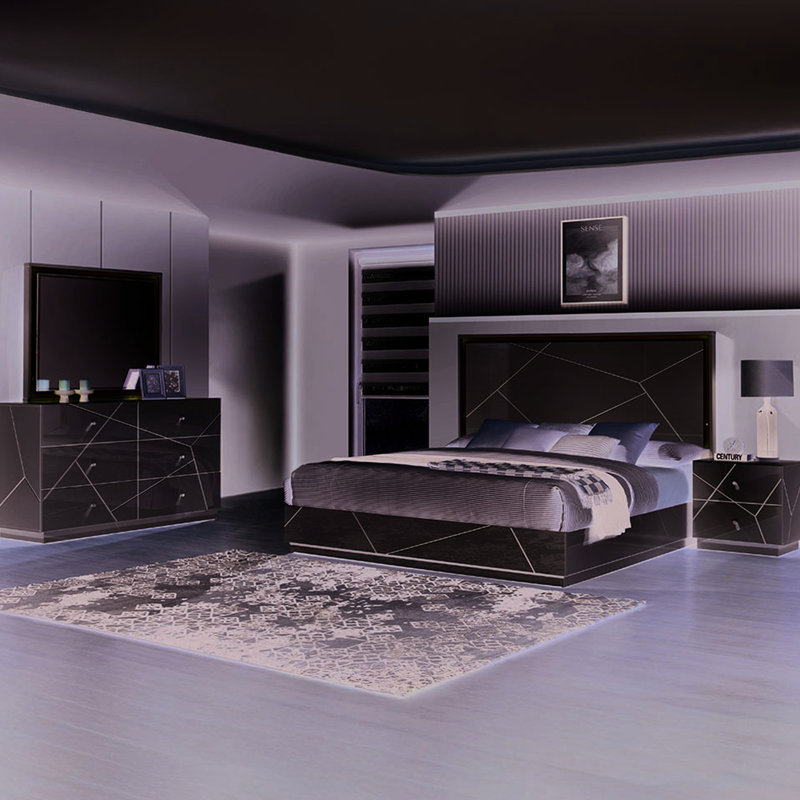 Grand lit avec tête de lit géométrique et éclairage à DEL intégré. Finition laquée ultrabrillante sur bois stable pour chambre à coucher de style contemporain
