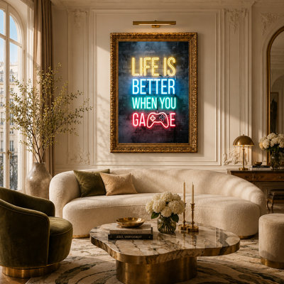 Multi Color Neon Sign Life Is Better When You Game On Brick Canvas Wall Art