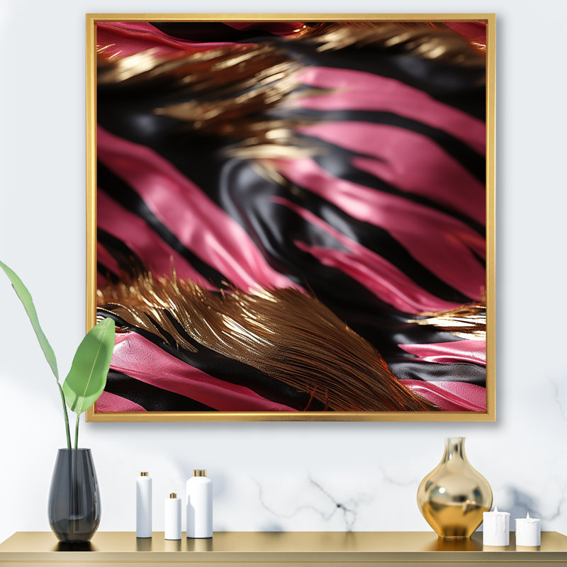 Zèbre rose et noir fractal II - impression d'art abstrait mural, Cadre flottant doré, H 30 po x l 30 po x P 1,5 po
