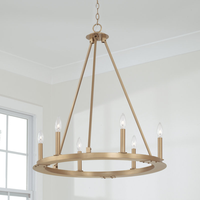 Aged Brass 6-Light Circular Chandelier with Candle Bulbs