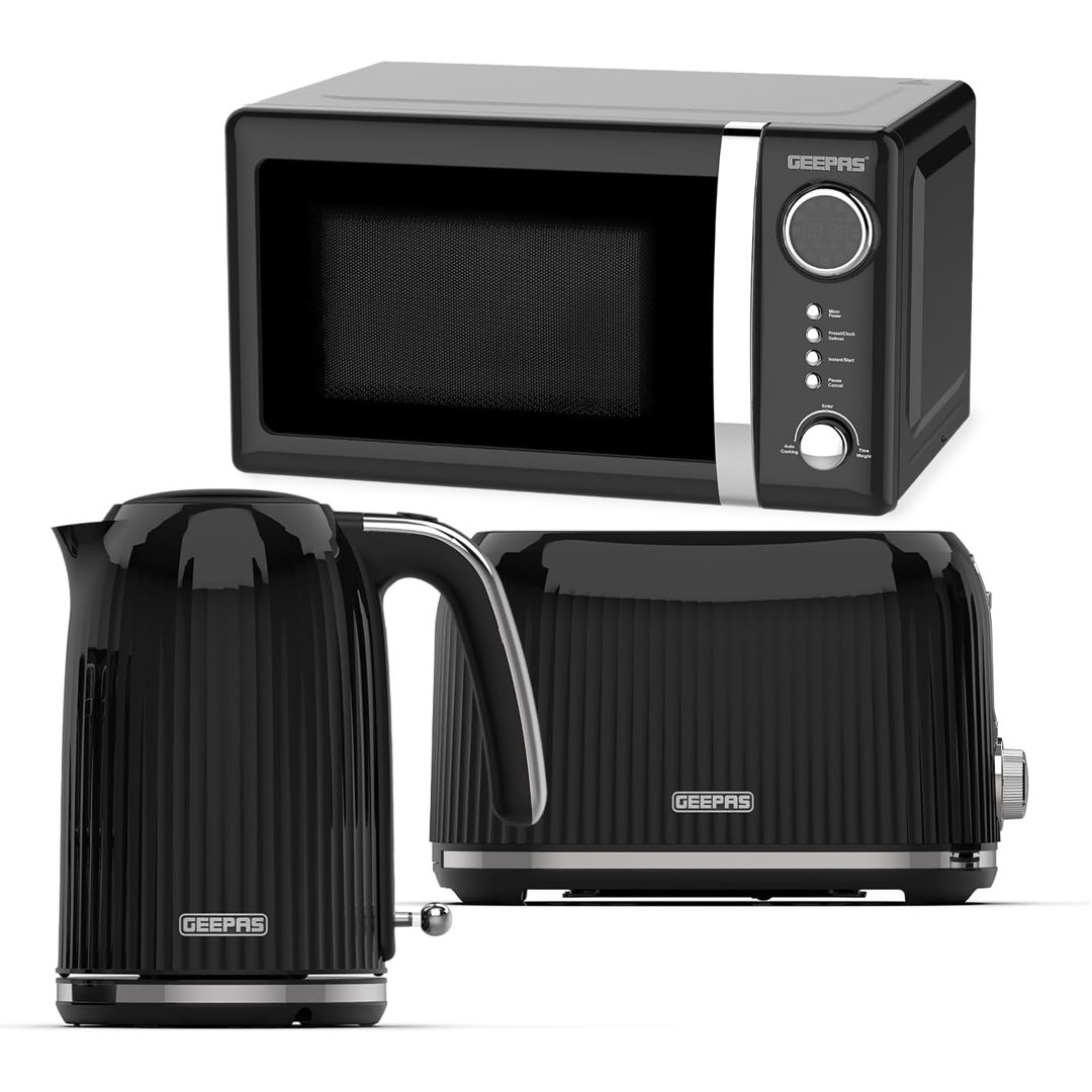 Geepas Electric Kettle 2 Slice Bread Toaster & Microwave Kitchen Set | 3000W 1.7L Textured Cordless Kettle | 2 Slice Toaster with 7 Level Browning Con