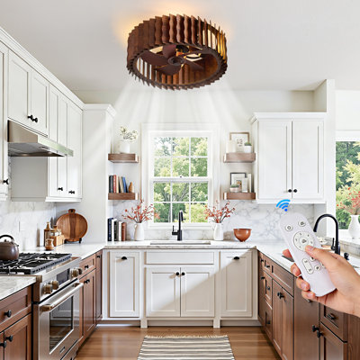 19.09" Farmhouse Japandi Flush Mount Ceiling Fan with Light, Wavy Walnut Wood Caged, 6-Speed Reversible Fan & 1/2/4/8H Timed Remote